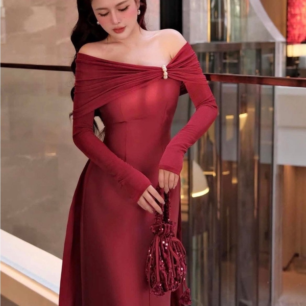 Off-Shoulder Burgundy Ao Dai Dress